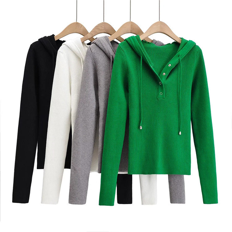 Damen lässiger Strickpullover mit Kapuze und Knopfleiste Drune