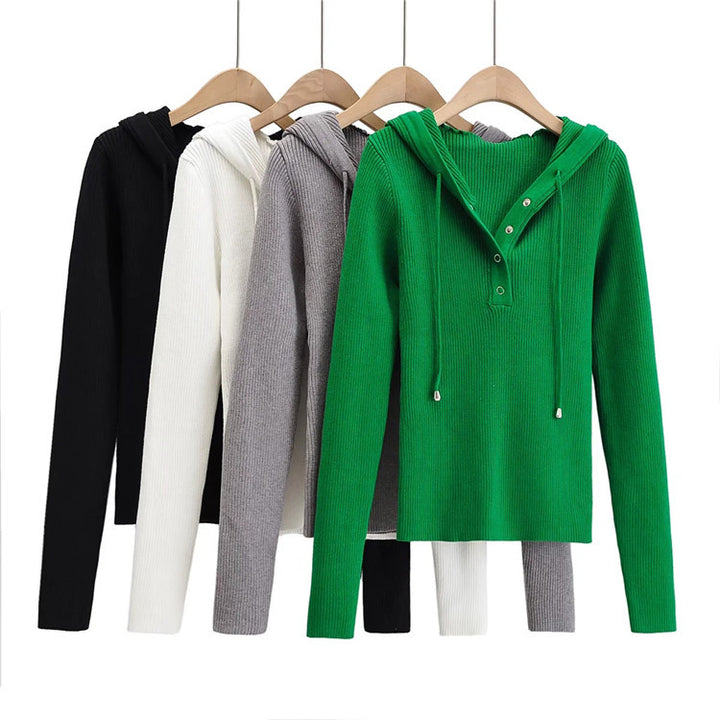 Damen lässiger Strickpullover mit Kapuze und Knopfleiste Drune