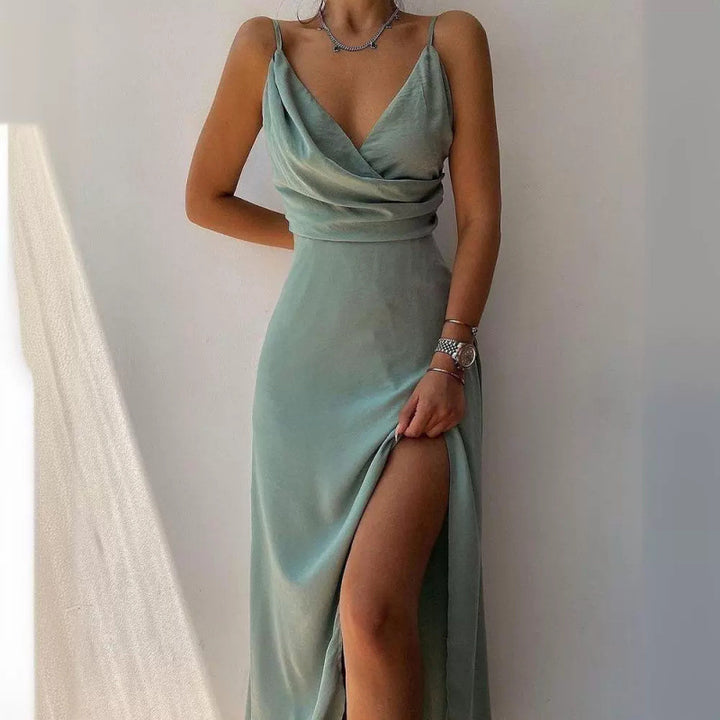 Damen Elegantes Hohe Schlitz Satin Maxi Kleid Drune