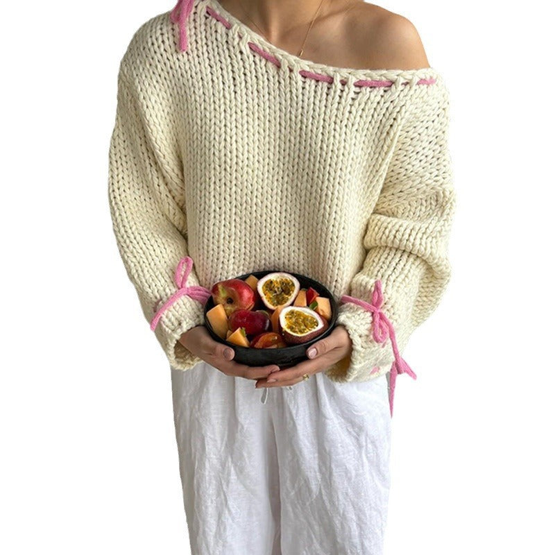 Damen lässiger Strickpullover mit offenen Schultern und Kordelzugdetails Drune