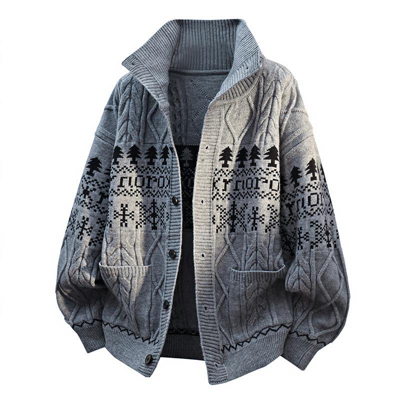 Damen nan gestrickter Norweger-Cardigan mit Stehkragen, Zopfmuster und aufgesetzten Taschen Drune