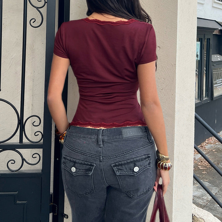 Damen Wickeloberteil mit Spitzenbesatz und Rüschendetails Drune