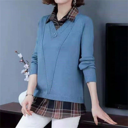 Damen Layered Strickpullover mit V-Ausschnitt und trendy Hemdbluse Drune