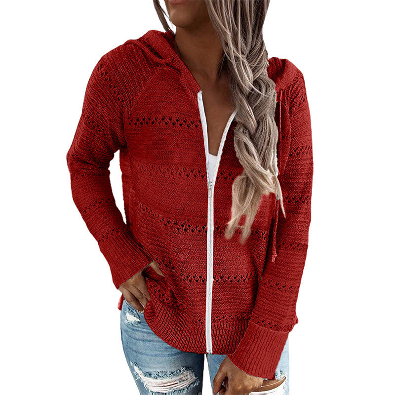 Damen lässige Strickjacke mit Kapuze und dekorativem Lochmuster Drune