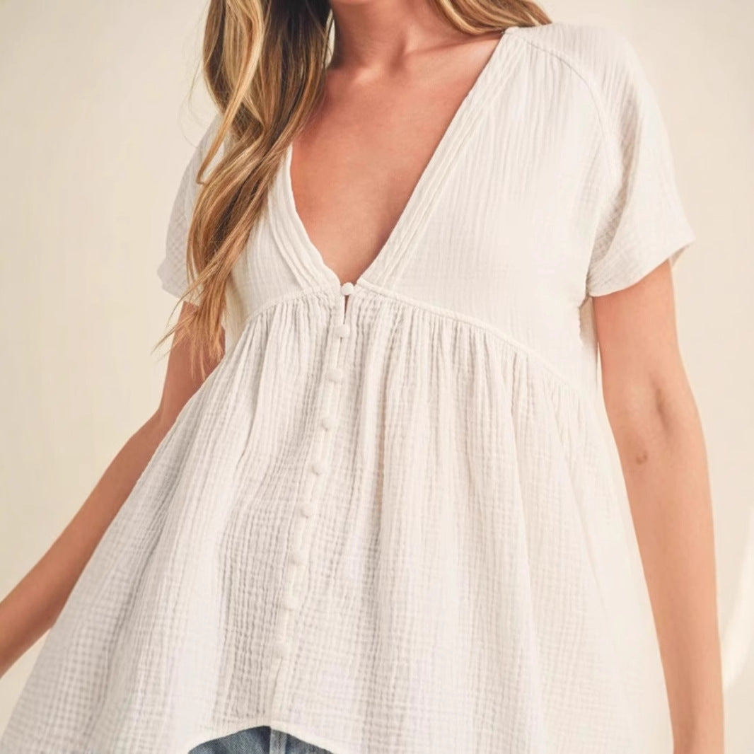 Damen lässige Hemdbluse mit V-Ausschnitt und asymmetrischem Saum Drune