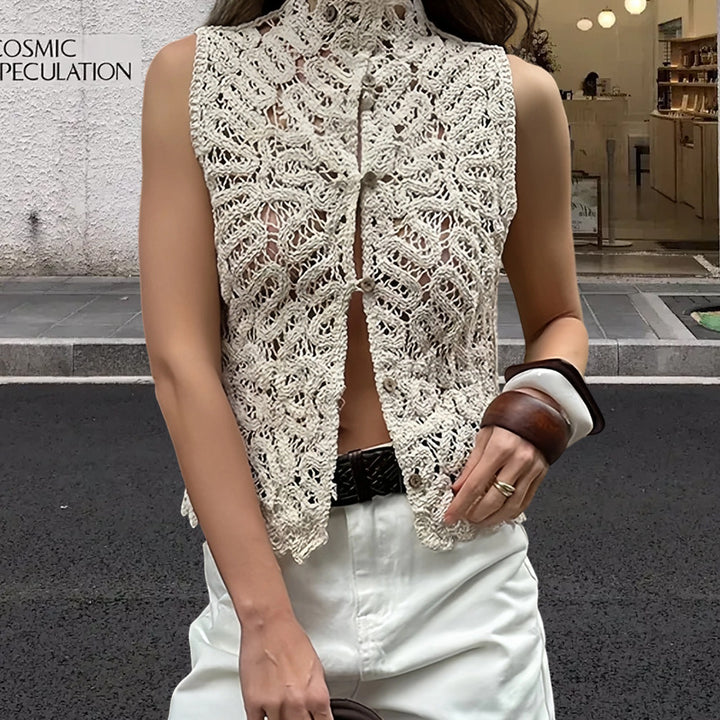 Damen Häkel-Bluse mit elegantem Stehkragen und transparenter Struktur Drune