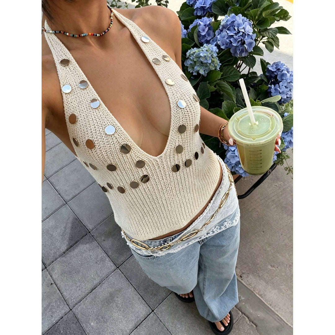Damen trendiges Stricktop mit tiefem V-Ausschnitt und modischen Metallic-Akzenten Drune