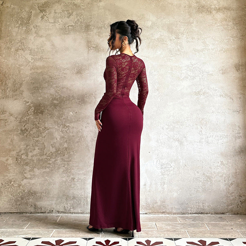 Damen Elegantes Maxikleid mit Spitzenoberteil und raffinierten Drapierungsdetails Drune