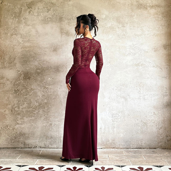 Damen Elegantes Maxikleid mit Spitzenoberteil und raffinierten Drapierungsdetails Drune