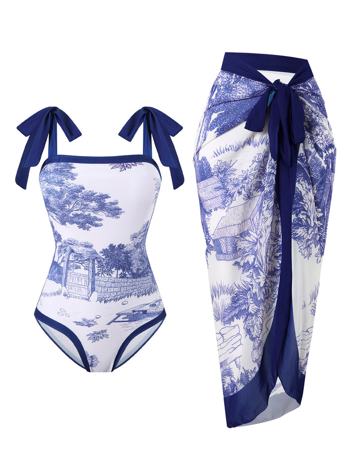 Damen Badeanzug mit floralem Design und transparentem Wickelrock Drune