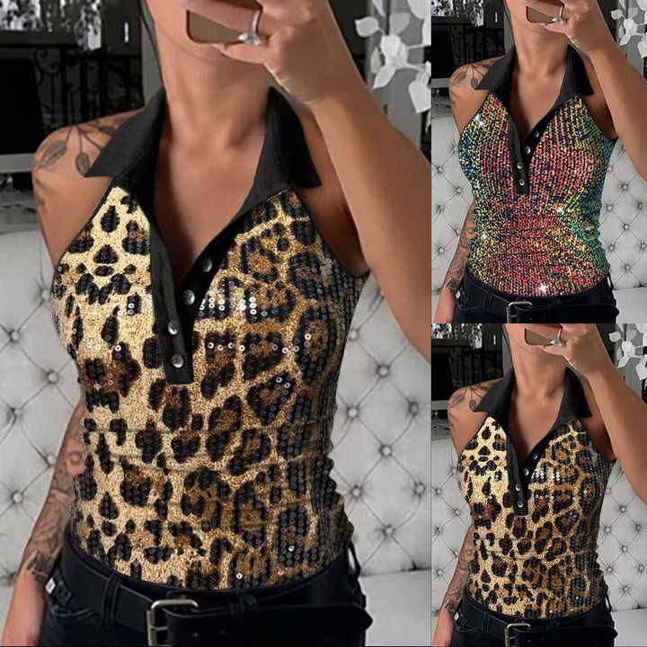 Damen Glitzerndes Poloshirt mit Leopardenmuster Drune