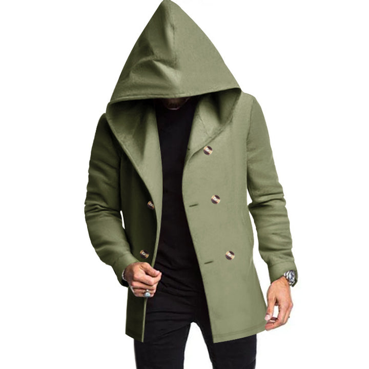 Herren modischer Mantel mit Kapuze und doppelter Knopfreihe Drune