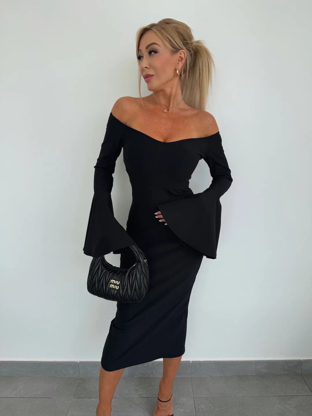 Damen Figurbetontes Wickelkleid mit schulterfreiem Design und weit geschnittenen Ärmeln Drune