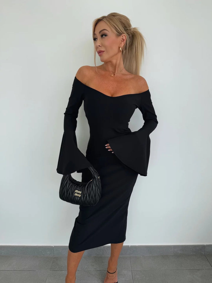 Damen Figurbetontes Wickelkleid mit schulterfreiem Design und weit geschnittenen Ärmeln Drune
