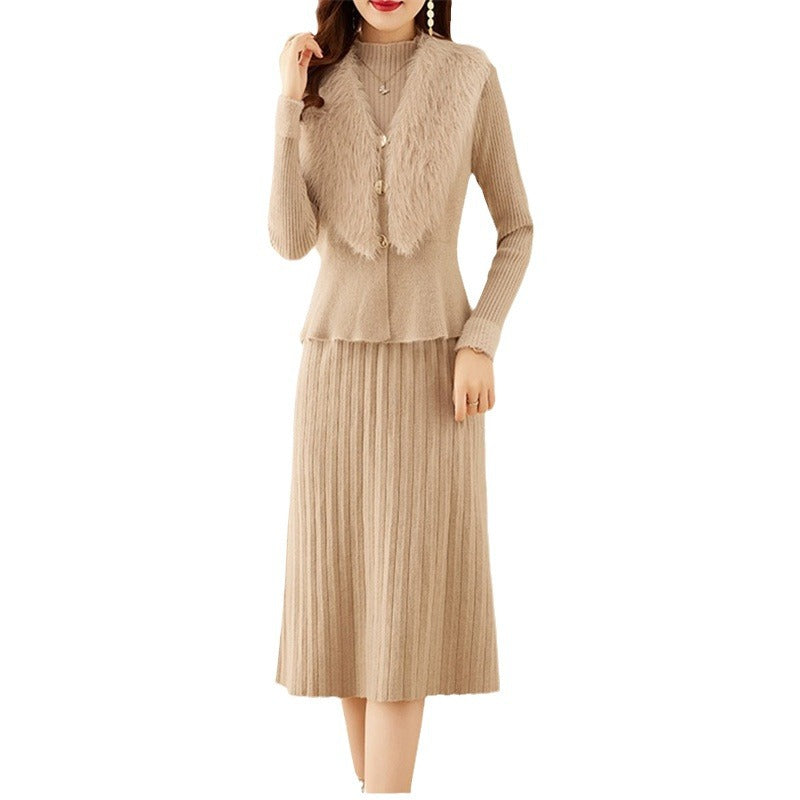 Damen elegantes Strickset mit hochwertigem Fellkragen und modischer Rippstruktur Drune