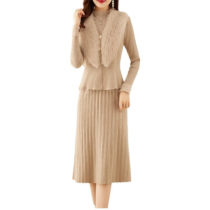 Damen elegantes Strickset mit hochwertigem Fellkragen und modischer Rippstruktur Drune