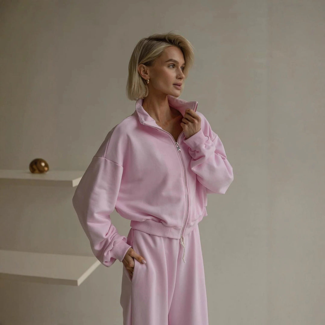 Damen lässiger Freizeitanzug mit cropped Jacke und bequemen Weitbeinen Drune