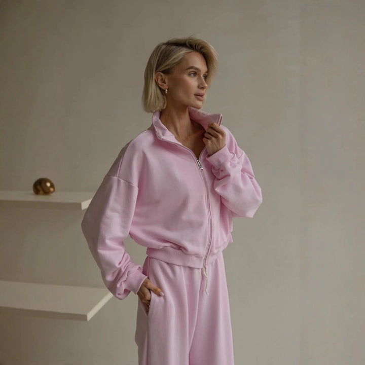 Damen lässiger Freizeitanzug mit cropped Jacke und bequemen Weitbeinen Drune