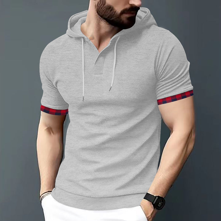 Herren nan figurbetontes Kurzarm-Kapuzenpoloshirt mit Henley-Blende und Kordelzug Drune