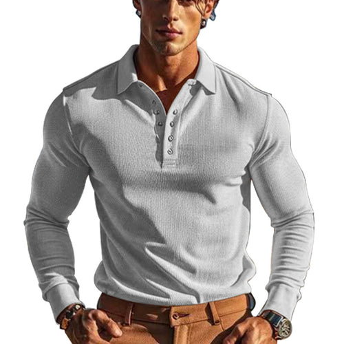 Herren nan körperbetontes Langarm-Henley-Poloshirt aus feiner Rippenstruktur Drune