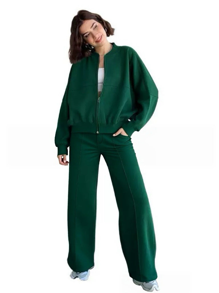 Damen nan kurz geschnittenes Blouson mit Reißverschluss und weiter High-Waist Jogginghose Set Drune