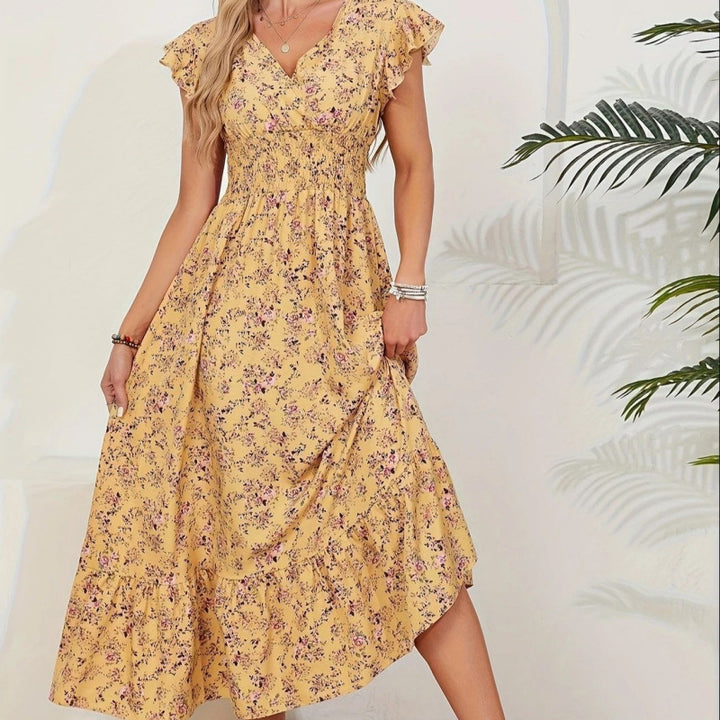 Damen Maxikleid mit floralem Design und voluminösen Ärmeln Drune