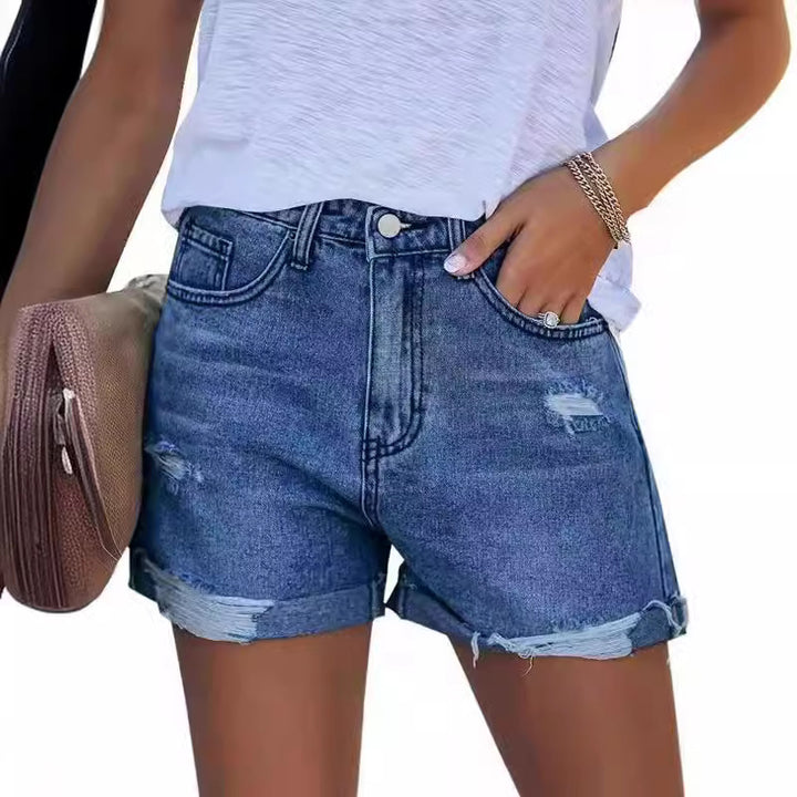 Damen Sommerliche Destroyed Jeansshorts mit umgeschlagenem Saum Drune