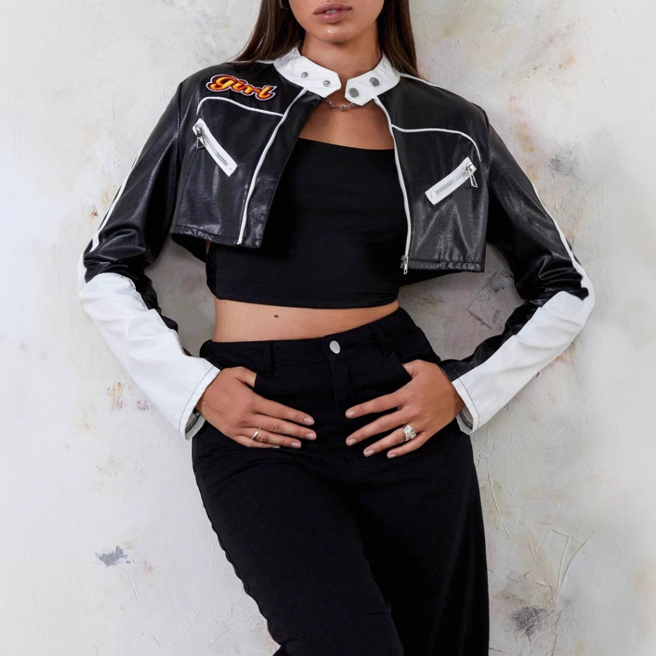 Damen modische cropped Kunstlederjacke Drune