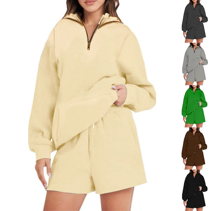 Damen Lässiger Kapuzenpullover mit kurzem Reißverschluss und praktischen Taschen Drune