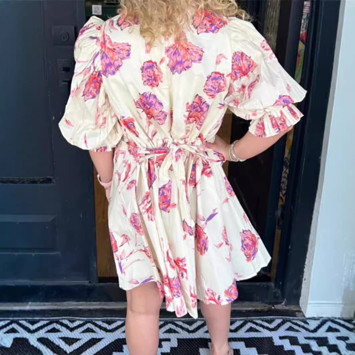 Damen Blusenkleid mit floralen Akzenten und Rüschendetails Drune