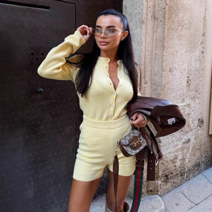 Damen Strickoverall mit Knopfleiste und kurzem Bein Drune
