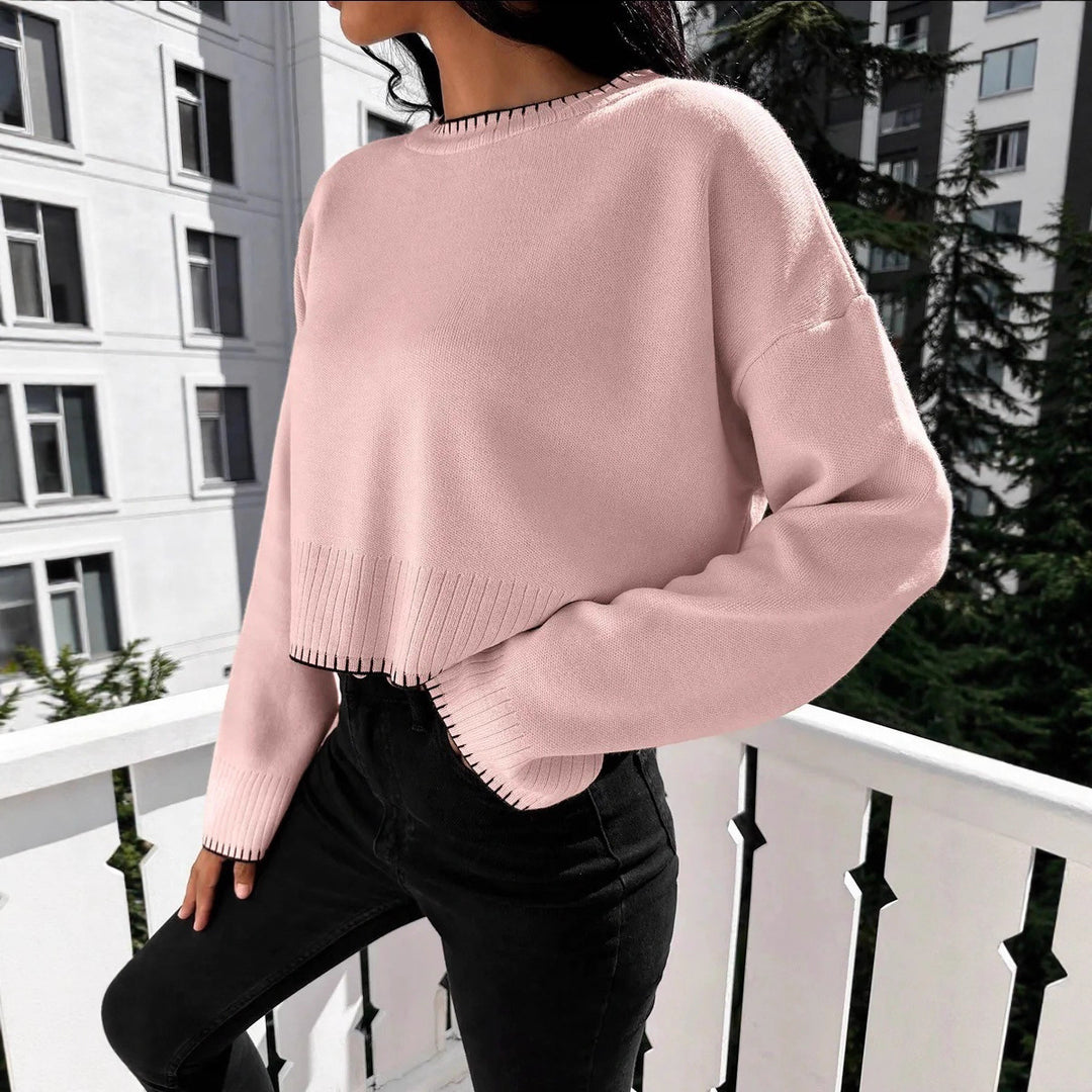 Damen lässiger Crop-Pullover mit strukturierten Säumen und Rundhalsausschnitt Drune