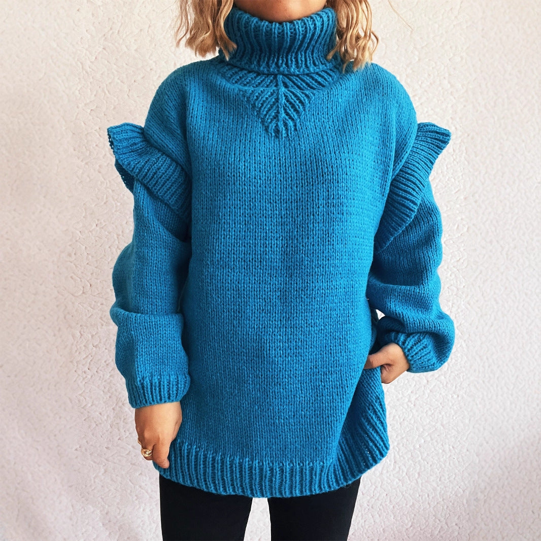 Damen kuscheliger Strickpullover mit Rüschenärmeln und hohem Kragen Drune