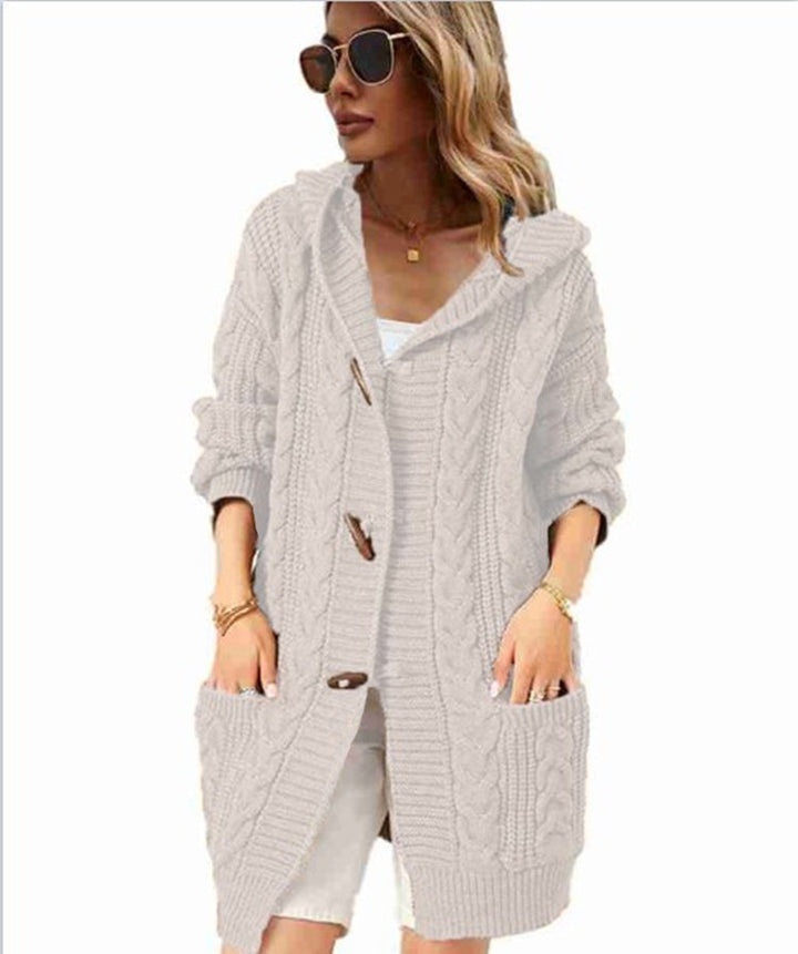 Damen Strickmantel mit Kapuze und großen Taschen Drune