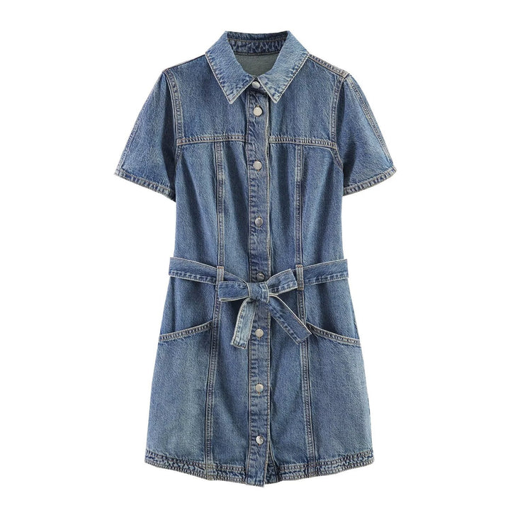 Damen Jeanskleid mit Taillengürtel und Kurzarm Drune