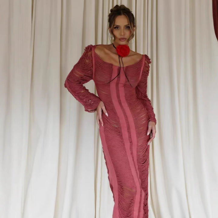 Damen elegantes Strandkleid mit raffinierten Fransen und transparenten Elementen Drune