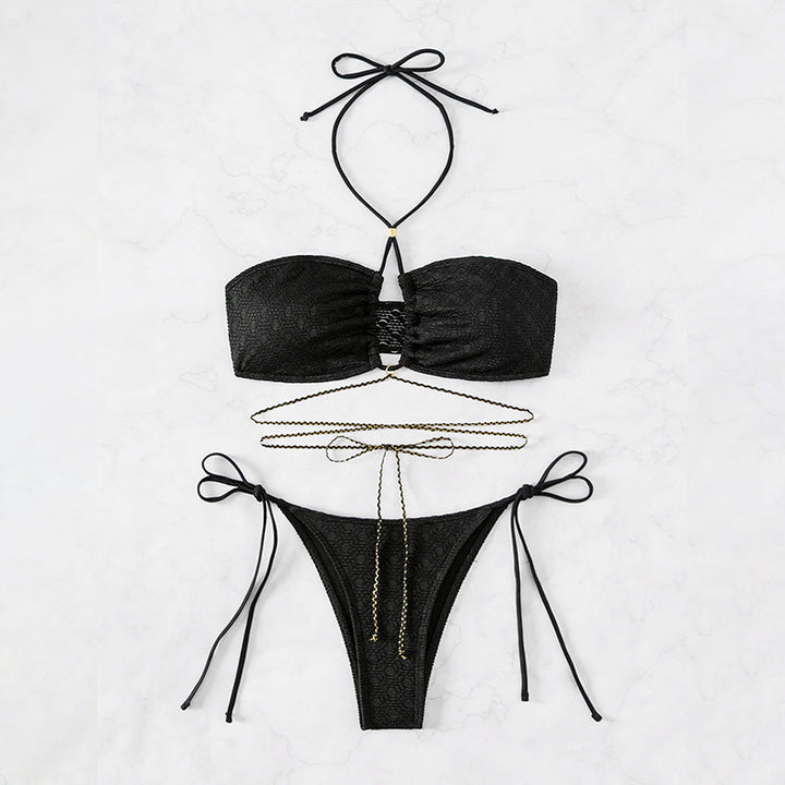 Damen Bandeau-Bikini mit verstellbaren Bindebändern und goldenen Akzenten Drune