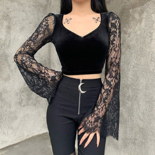 Damen Crop-Top mit eleganten Spitze-Ärmeln und figurbetontem Schnitt Drune