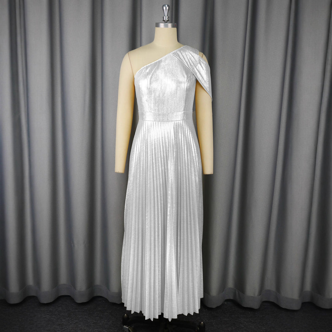 Damen Elegantes Maxi-Kleid mit asymmetrischem Schulterdesign und schimmerndem Plisseestoff Drune