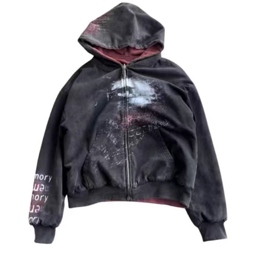 Unisex nan Kapuzenjacke mit durchgehendem Reißverschluss, Used‑Effekt, doppellagiger Kapuze und Ärmeldruck Drune