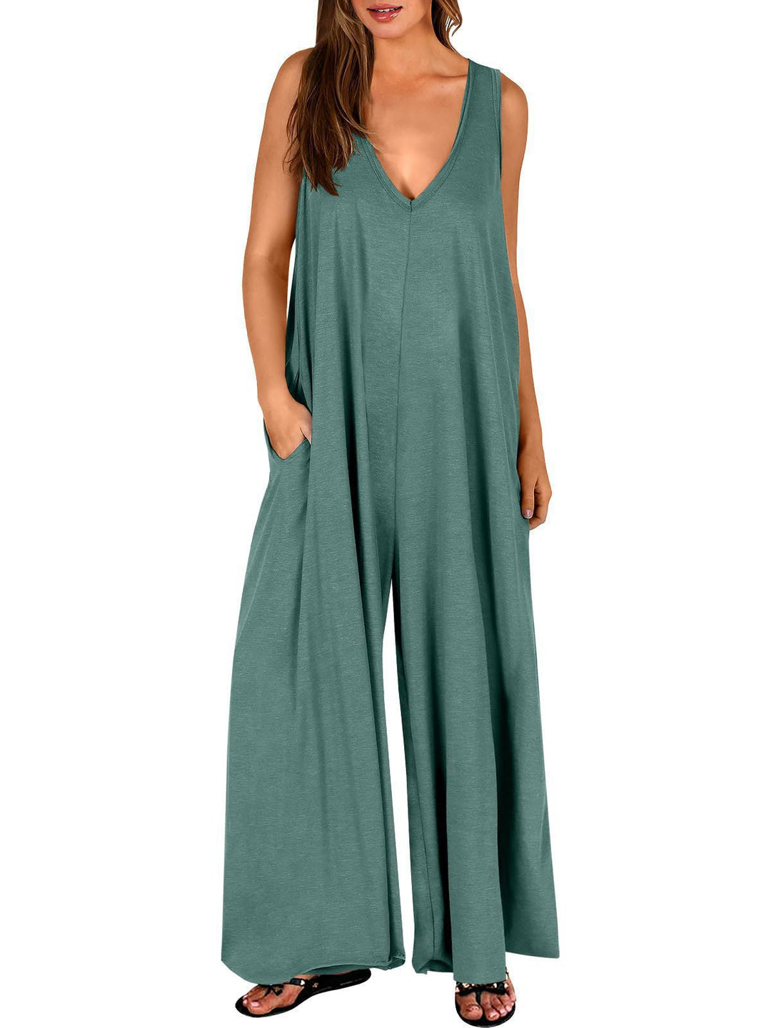 Damen weit geschnittene Jumpsuit mit V-Ausschnitt Drune