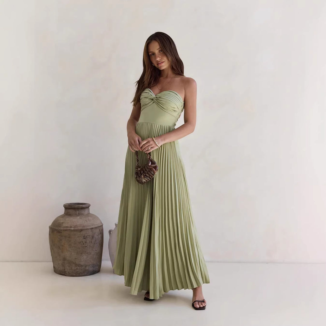 Damen Langärmliges Plisseekleid mit elegantem Oberteil und fließendem Rock Drune