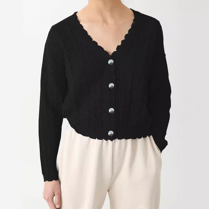 Damen Strickcardigan mit femininer Rüsche und Knopfdetails Drune
