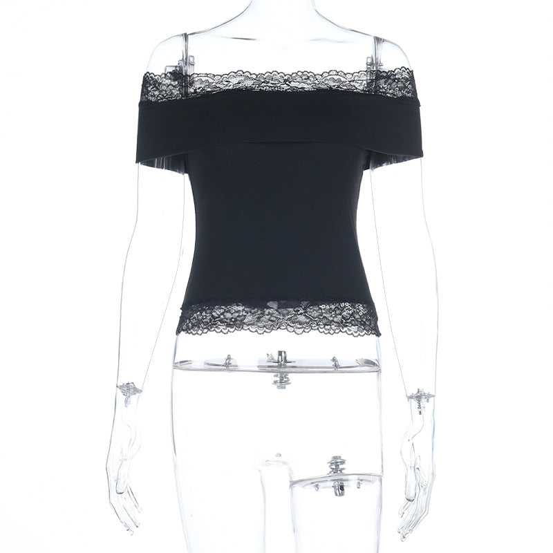 Damen schulterfreies Top mit Spitzenbesatz Drune