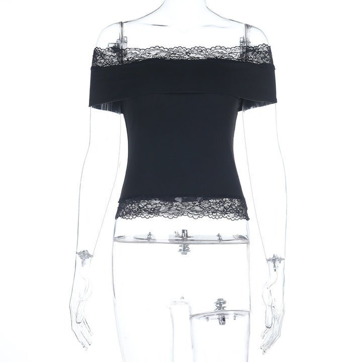 Damen schulterfreies Top mit Spitzenbesatz Drune