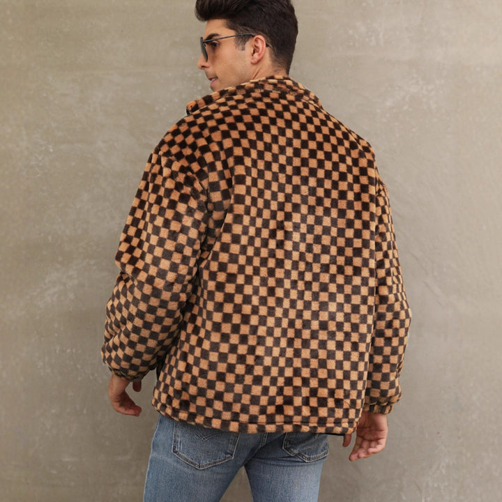 Herren Plüschjacke mit Karo-Muster und hohem Kragen Drune