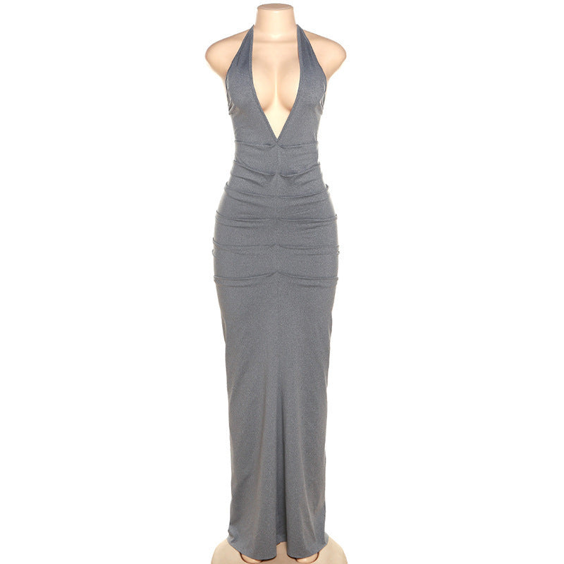 Damen Elegantes Maxikleid mit tiefem V-Ausschnitt und Raffung Drune