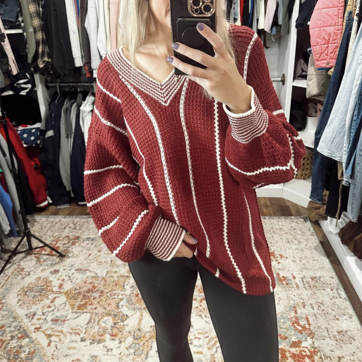 Damen Modischer Pullover mit V-Ausschnitt und streifendem Design Drune