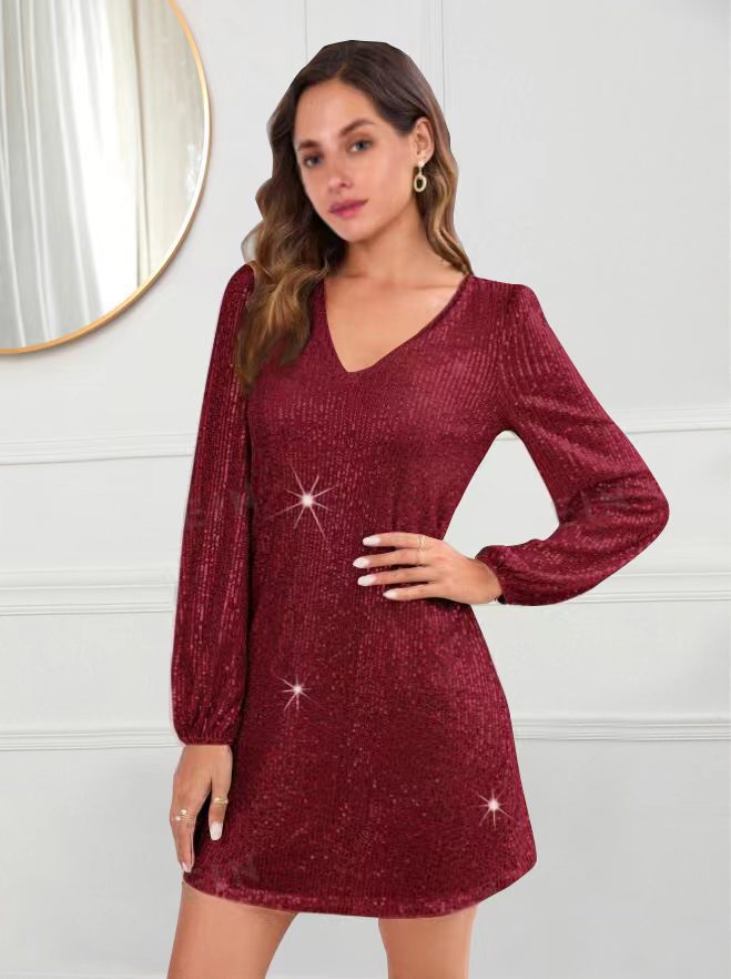 Damen Glitzerndes Minikleid mit V-Ausschnitt und langen Ärmeln Drune