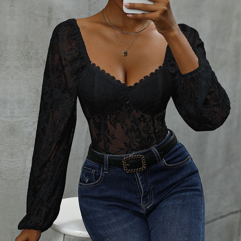 Damen Spitzenbody mit romantischem Design und elegantem V-Ausschnitt Drune